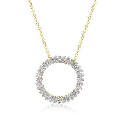 Round and Baguette Natural Diamond Eternity Open Circle Pendant Necklace in 14K Gold