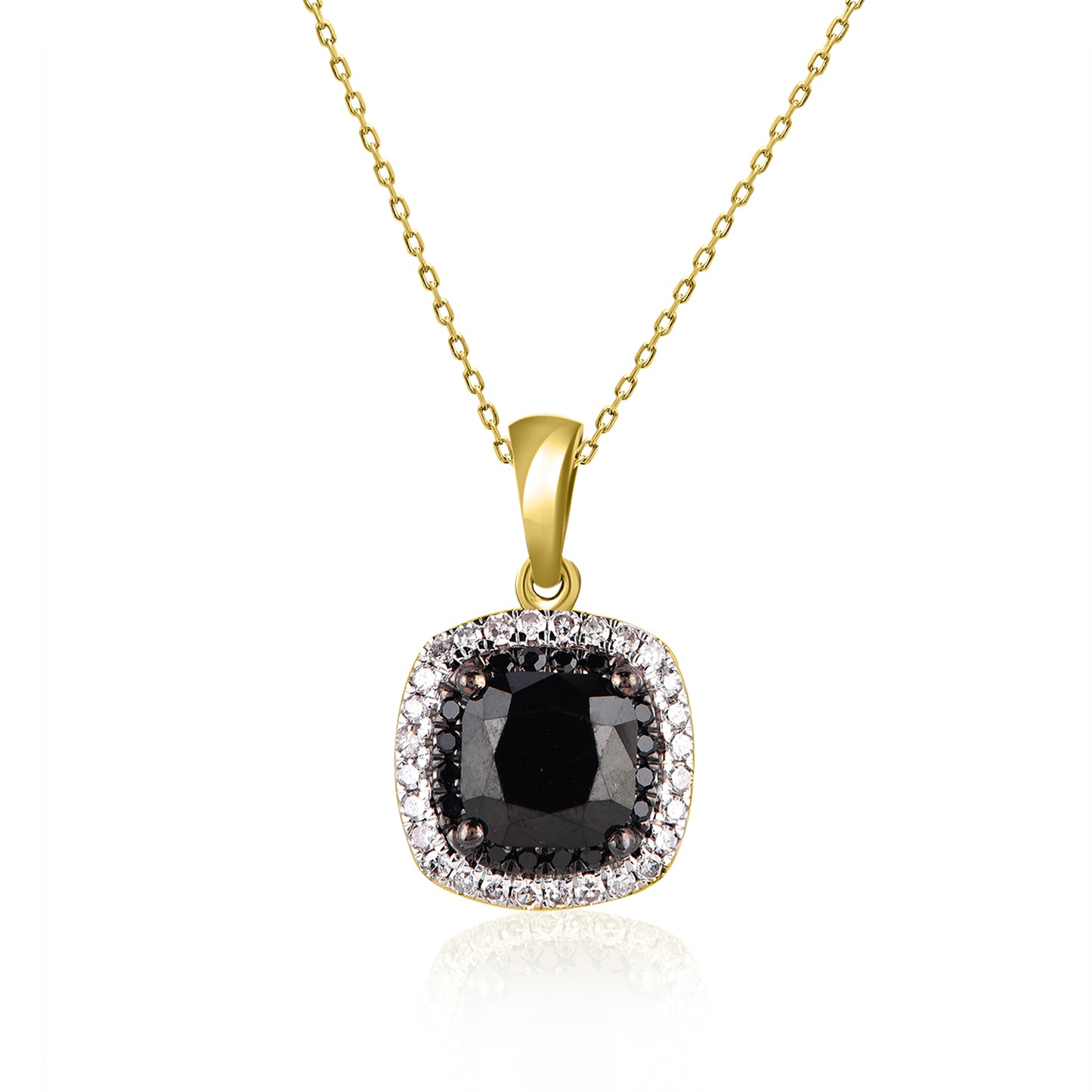 Treated Black Diamond Cushion Shape Halo Pendant Necklace in 18K Gold