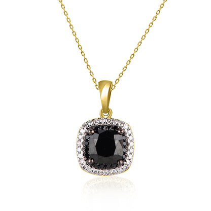 Treated Black Diamond Cushion Shape Halo Pendant Necklace in 18K Gold