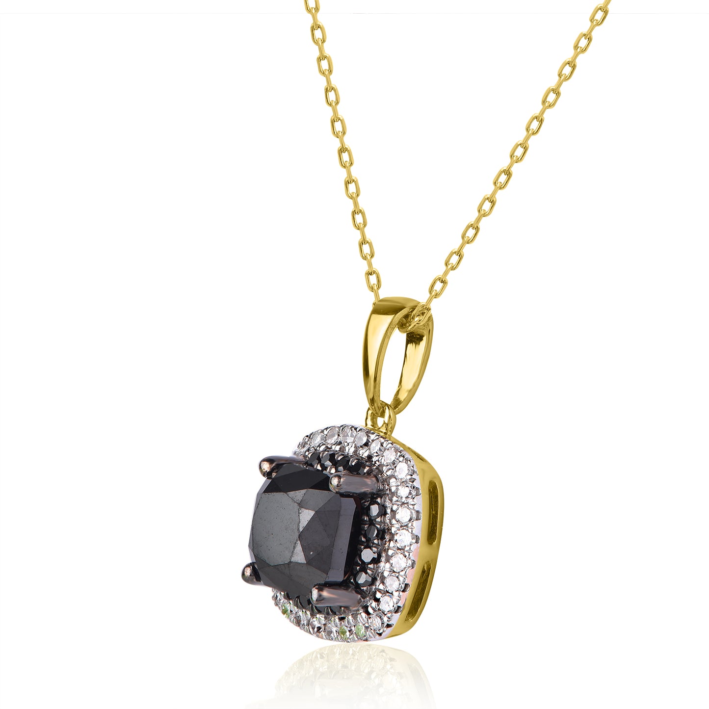 Treated Black Diamond Cushion Shape Halo Pendant Necklace in 18K Gold