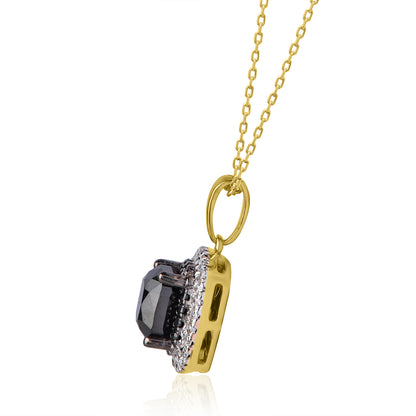 Treated Black Diamond Cushion Shape Halo Pendant Necklace in 18K Gold