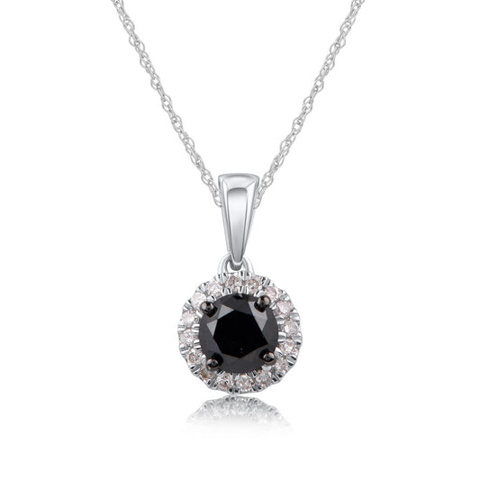 Treated Black Diamond Circular Halo Pendant Necklace 10K Gold