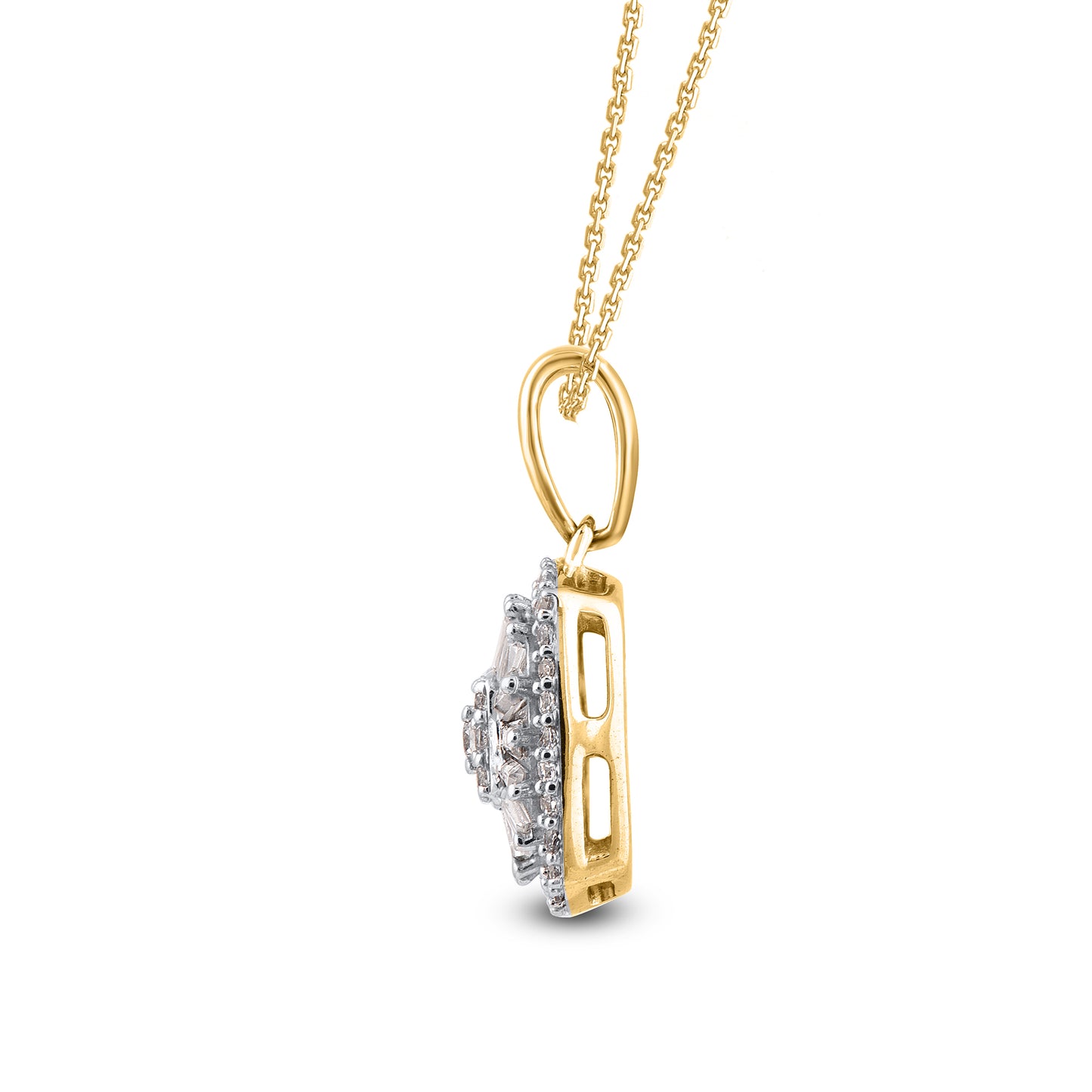 Baguette Diamond Cushion Cluster Halo Pendant Necklace in 10K Gold