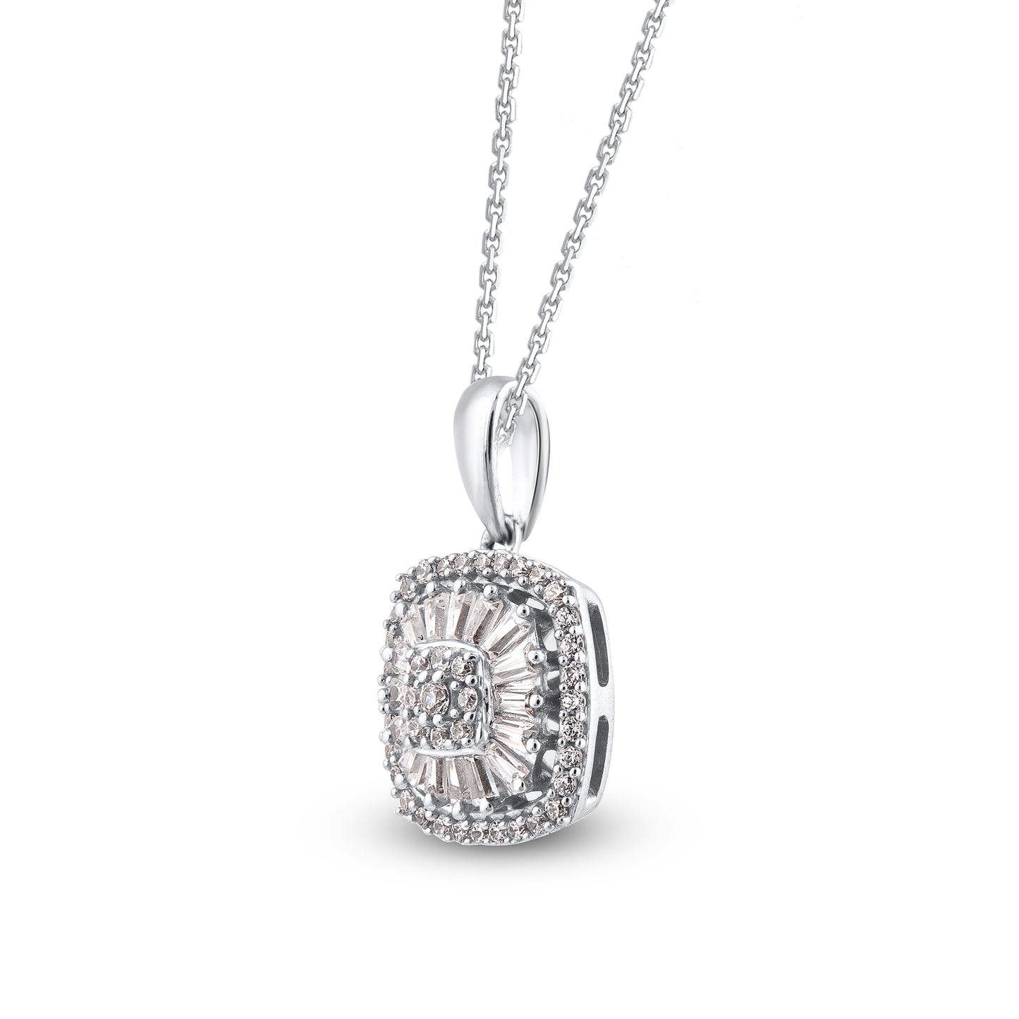 Baguette Diamond Cushion Cluster Halo Pendant Necklace in 10K Gold