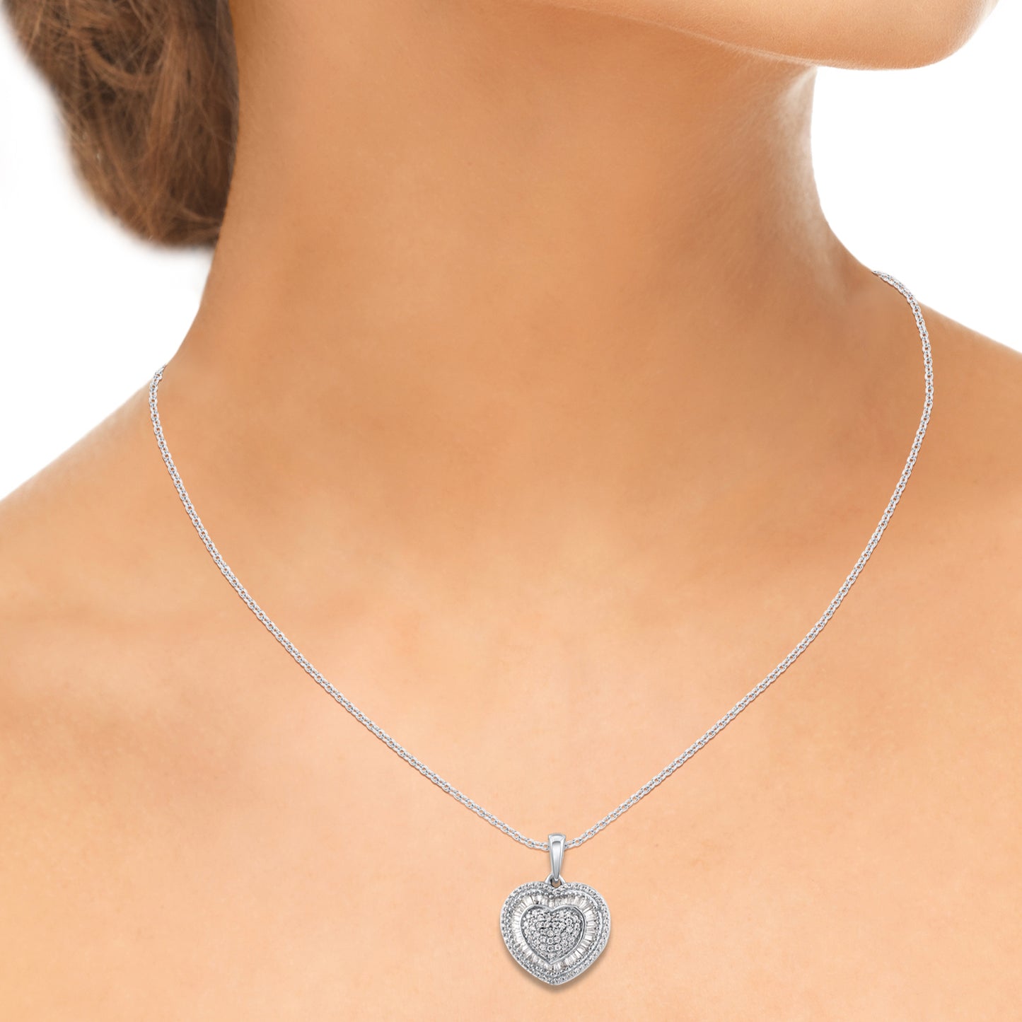 Baguette Sunburst Ballerina Heart Pendant Necklace in 925 Sterling Silver