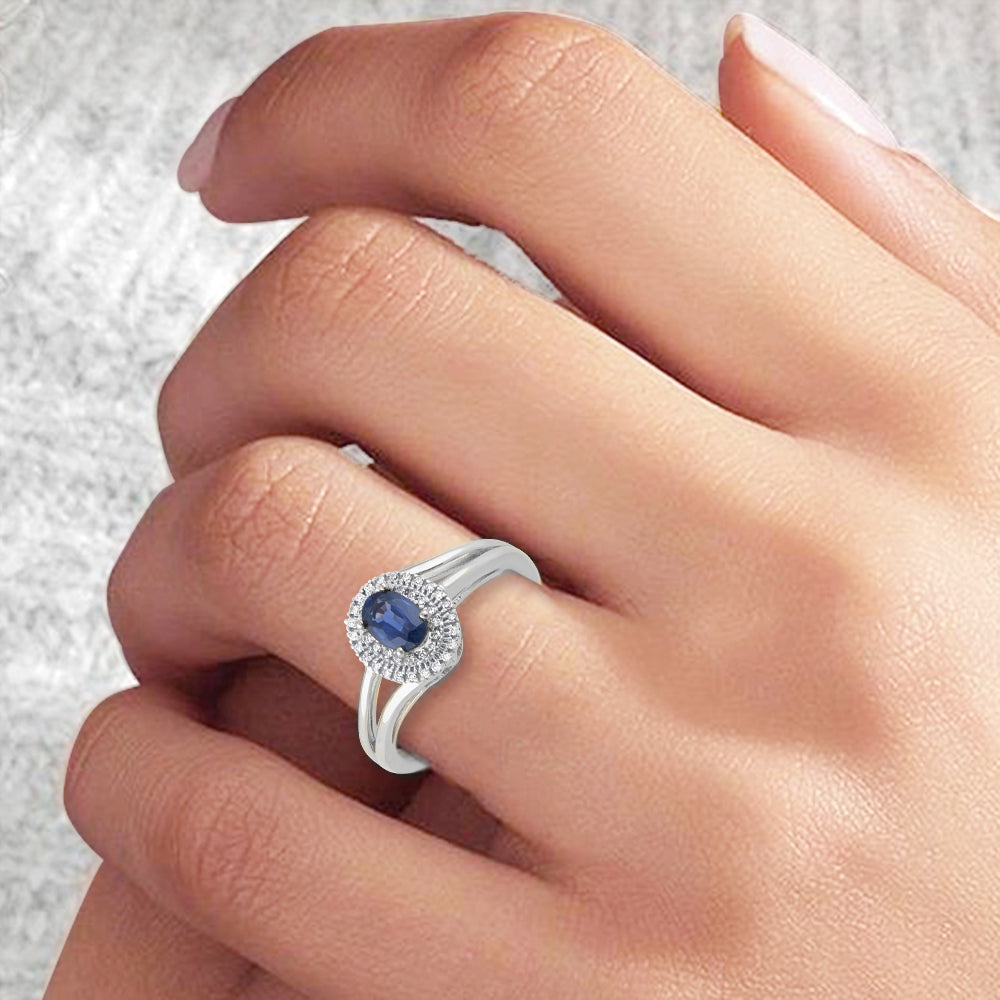 Diamond and Blue Sapphire Halo Ring in 10K Gold