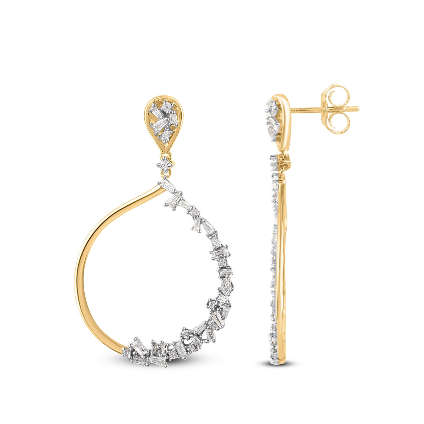 0.50 Carat Round and Baguette Diamond 14K Yellow Gold Drop Earrings