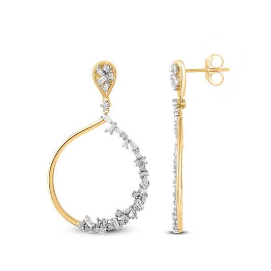 0.50 Carat Round and Baguette Diamond 14K Yellow Gold Drop Earrings