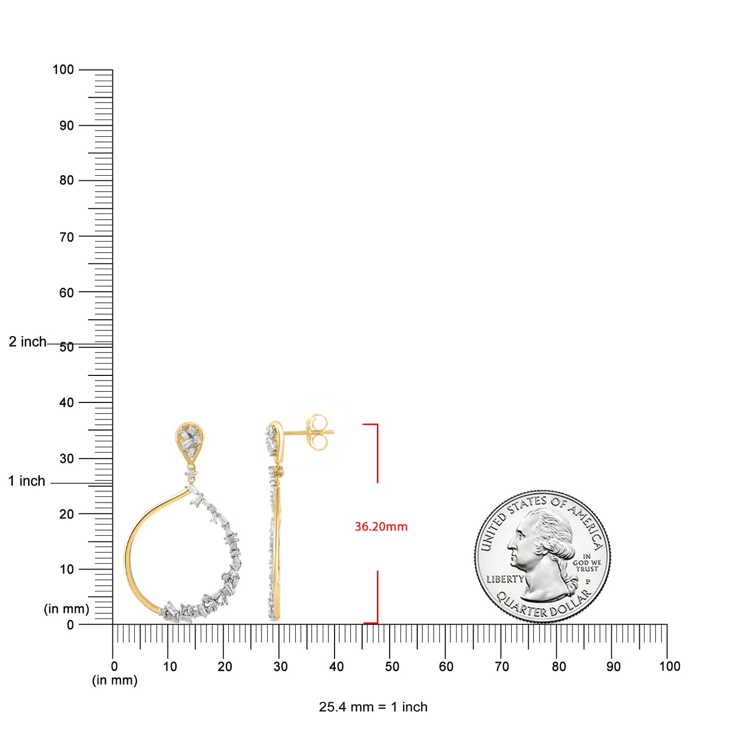0.50 Carat Round and Baguette Diamond 14K Yellow Gold Drop Earrings