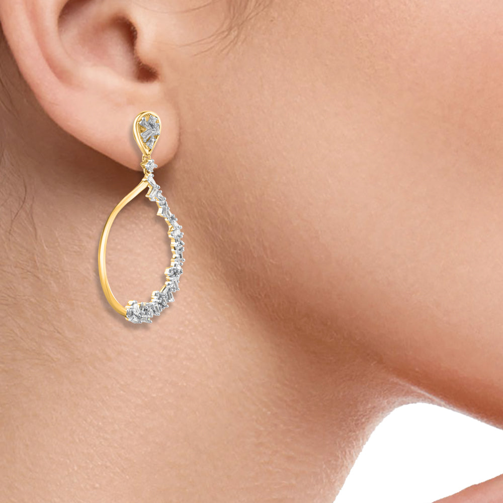 0.50 Carat Round and Baguette Diamond 14K Yellow Gold Drop Earrings