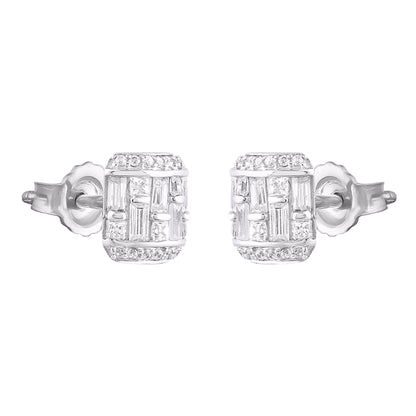 0.50 Carat Round & Baguette Diamond 14K White Gold Stud Earrings
