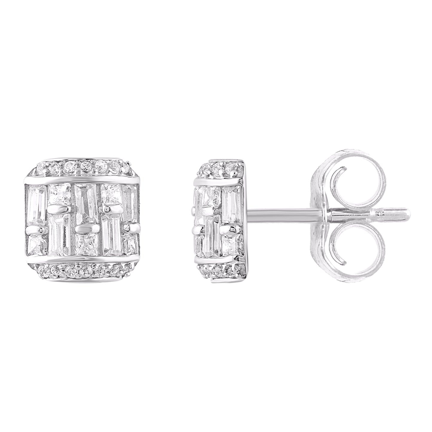 0.50 Carat Round & Baguette Diamond 14K White Gold Stud Earrings