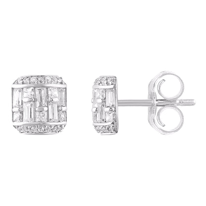 0.50 Carat Round & Baguette Diamond 14K White Gold Stud Earrings