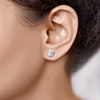 0.50 Carat Round & Baguette Diamond 14K White Gold Stud Earrings