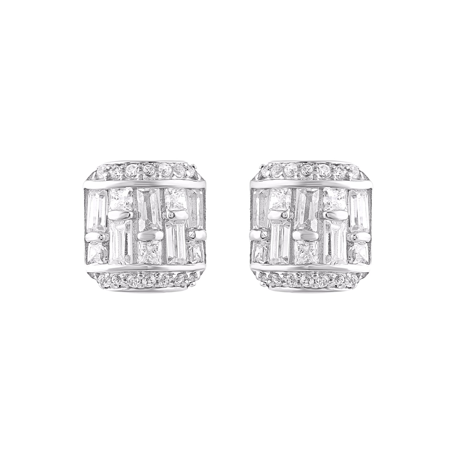 0.50 Carat Round & Baguette Diamond 14K White Gold Stud Earrings