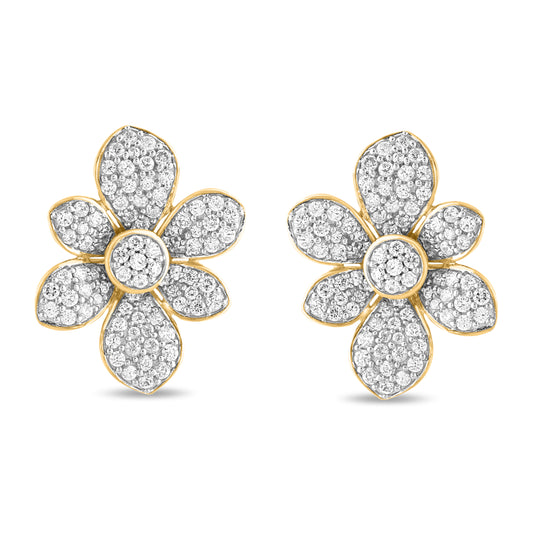 1.50 Carat Natural Diamond Floral Cluster Stud Earrings in 14K Yellow Gold