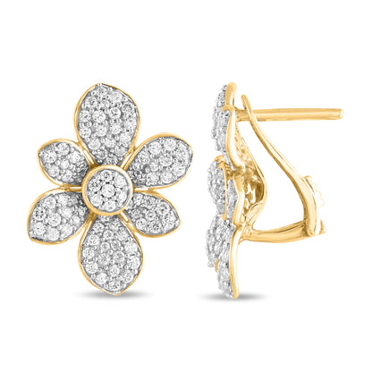 1.50 Carat Natural Diamond Floral Cluster Stud Earrings in 14K Yellow Gold