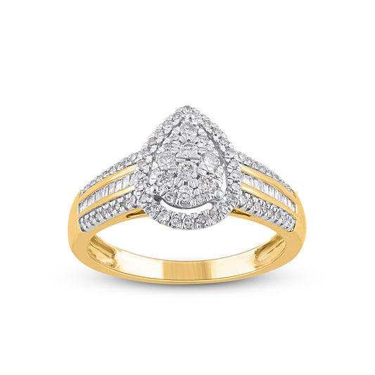 Baguette Diamond Pear Shape Halo Ring for Women in 10k Gold