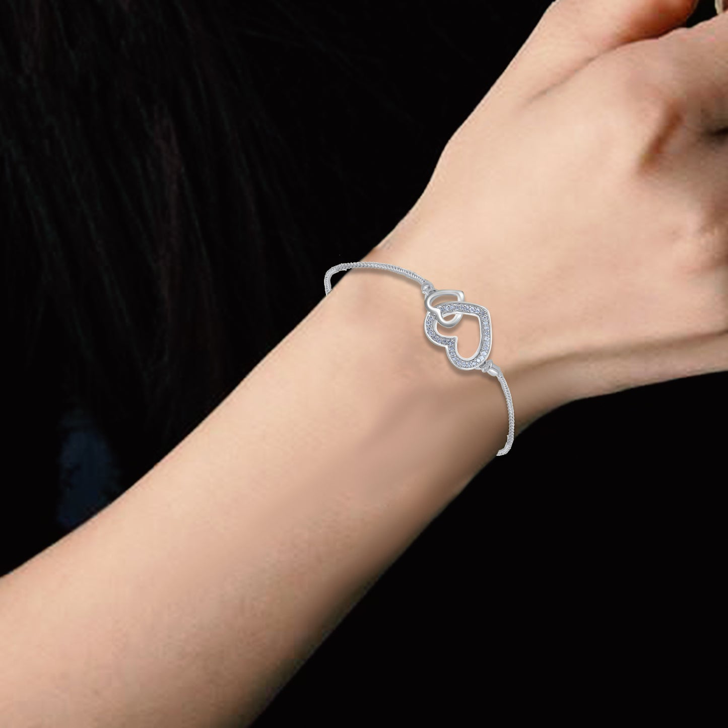 Interlocking Open Heart Adjustable Bolo Bracelet in .925 Sterling Silver