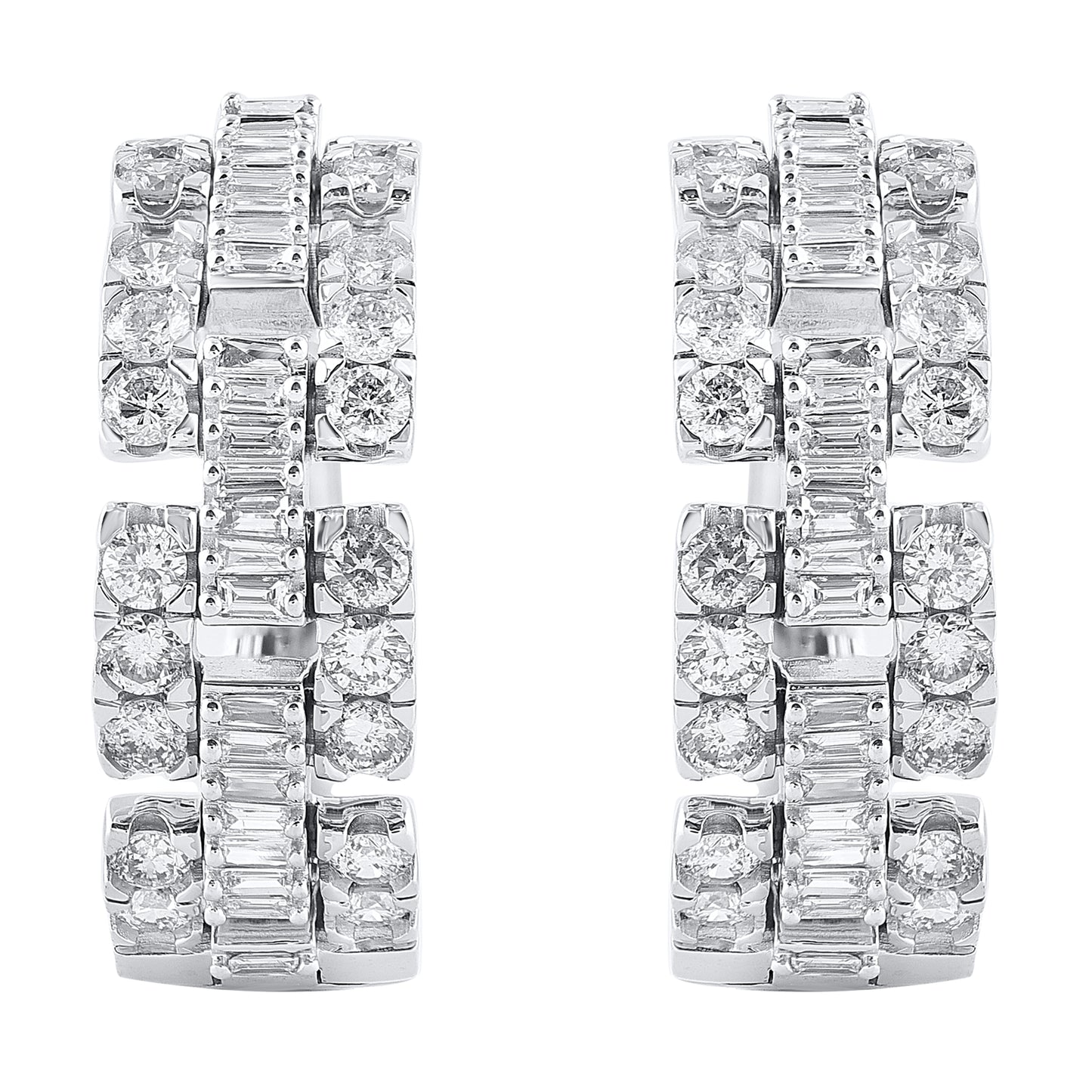 2 Carat Round and Baguette Diamond Huggie Hoop Earrings in 14K White Gold