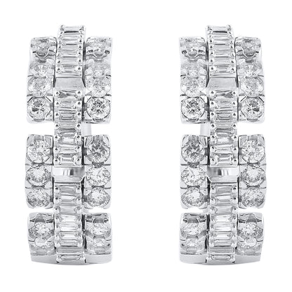 2 Carat Round and Baguette Diamond Huggie Hoop Earrings in 14K White Gold