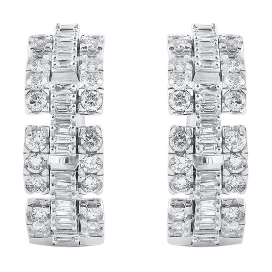 2 Carat Round and Baguette Diamond Huggie Hoop Earrings in 14K White Gold