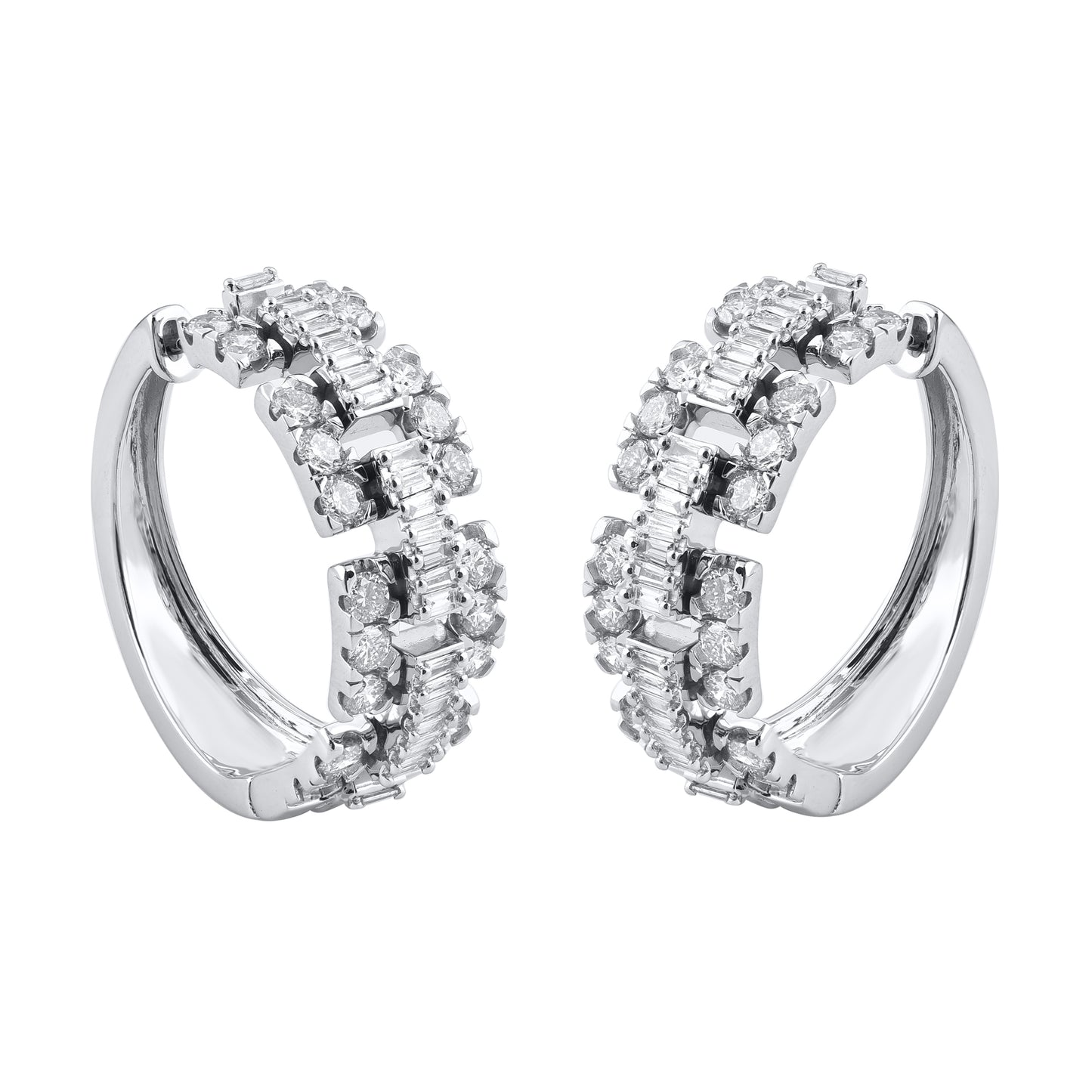 2 Carat Round and Baguette Diamond Huggie Hoop Earrings in 14K White Gold