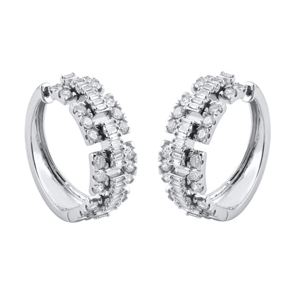 2 Carat Round and Baguette Diamond Huggie Hoop Earrings in 14K White Gold