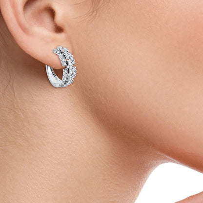 2 Carat Round and Baguette Diamond Huggie Hoop Earrings in 14K White Gold