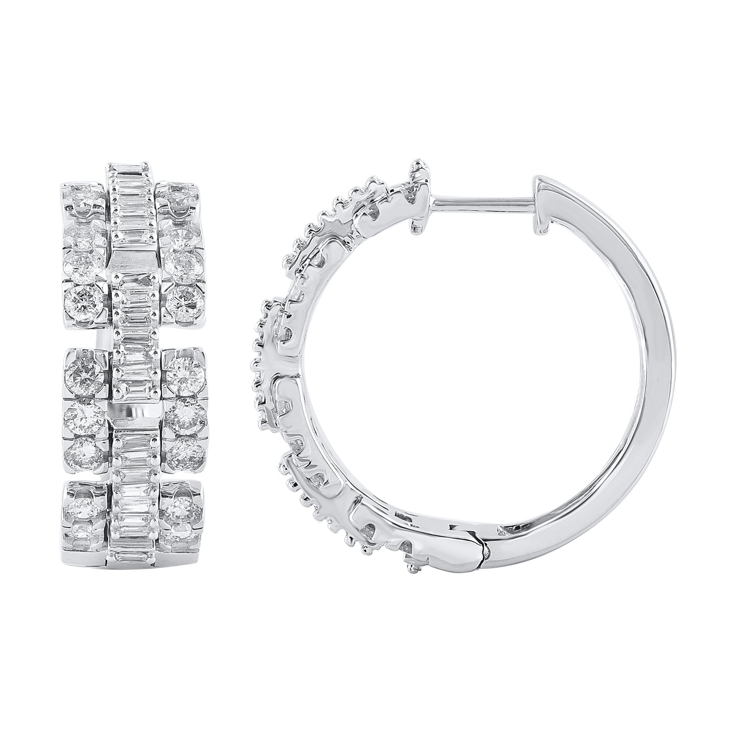 2 Carat Round and Baguette Diamond Huggie Hoop Earrings in 14K White Gold