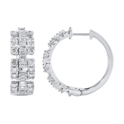 2 Carat Round and Baguette Diamond Huggie Hoop Earrings in 14K White Gold