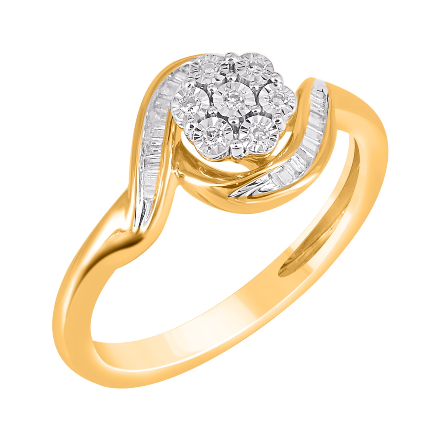 0.08 Carat Round & Baguette Diamond 14KT Yellow Gold Bypass Ring