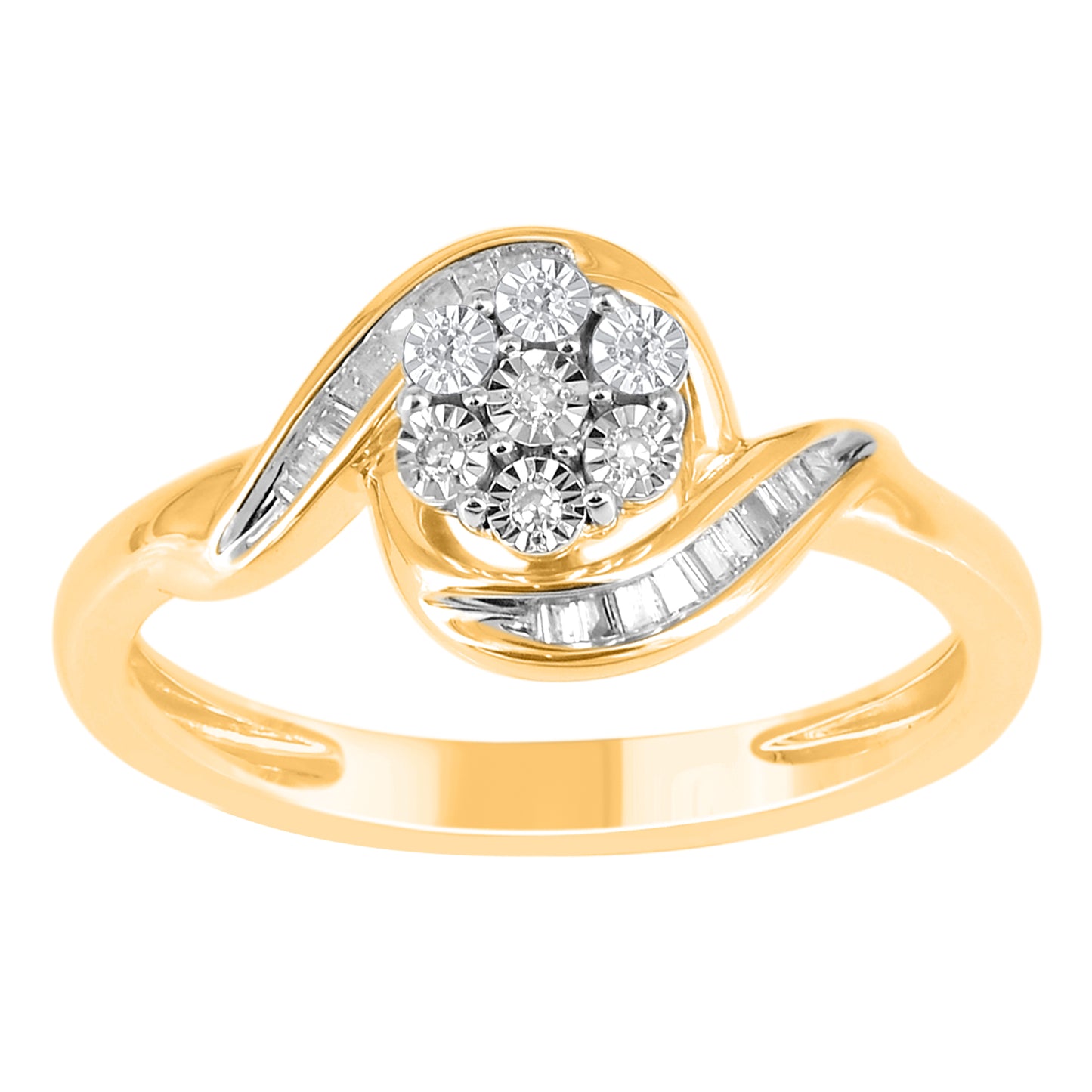 0.08 Carat Round & Baguette Diamond 14KT Yellow Gold Bypass Ring