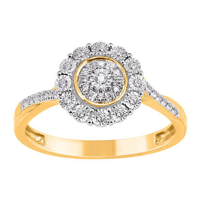 0.15 Carat Natural Diamond 14 Karat Yellow Gold Halo Cluster Ring