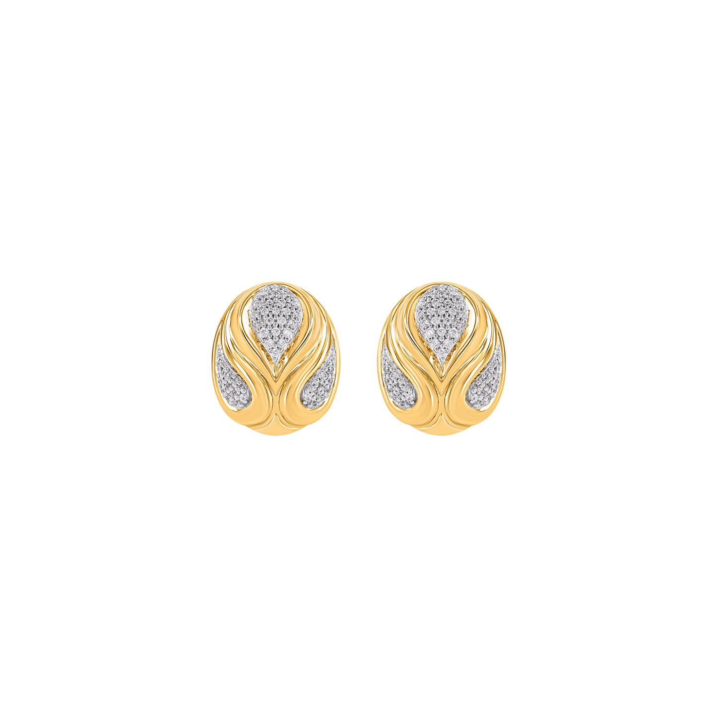 0.15 Carat Natural Diamond Sculptural Oval Earrings in 10K Yellow Gold