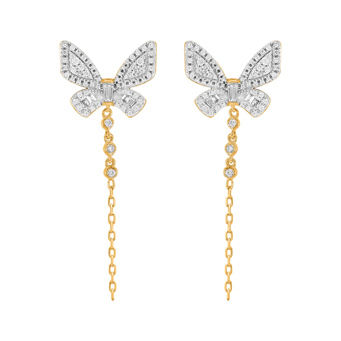 0.25 Ct Round & Baguette Diamond Butterfly Drop Earrings in 10K Yellow Gold