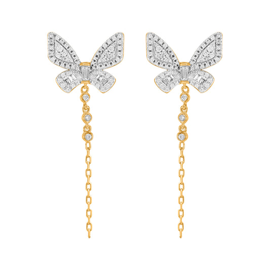 0.25 Ct Round & Baguette Diamond Butterfly Drop Earrings in 10K Yellow Gold