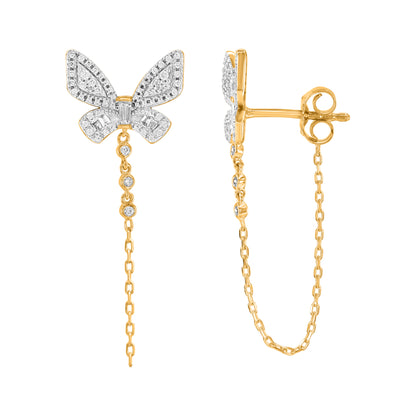 0.25 Ct Round & Baguette Diamond Butterfly Drop Earrings in 10K Yellow Gold