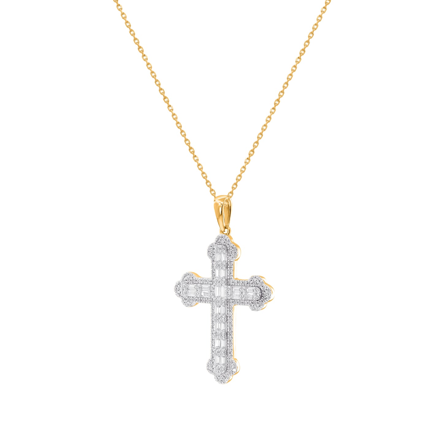0.50 Carat Round and Baguette Diamond Cross Pendant in 14K Yellow Gold