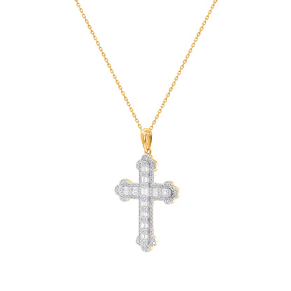 0.50 Carat Round and Baguette Diamond Cross Pendant in 14K Yellow Gold