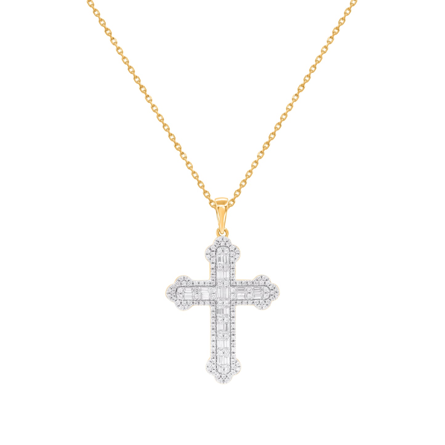 0.50 Carat Round and Baguette Diamond Cross Pendant in 14K Yellow Gold