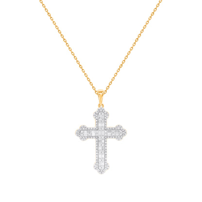 0.50 Carat Round and Baguette Diamond Cross Pendant in 14K Yellow Gold
