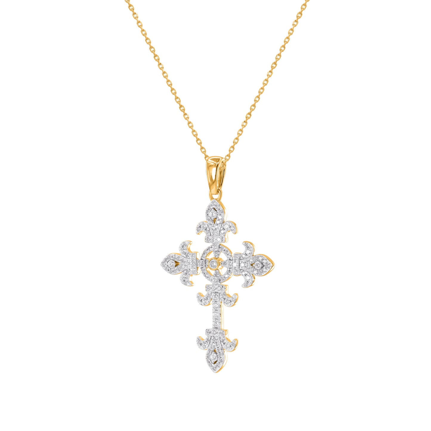 Diamond Fleur-de-Lis Cross Pendant in 14KT Yellow Gold