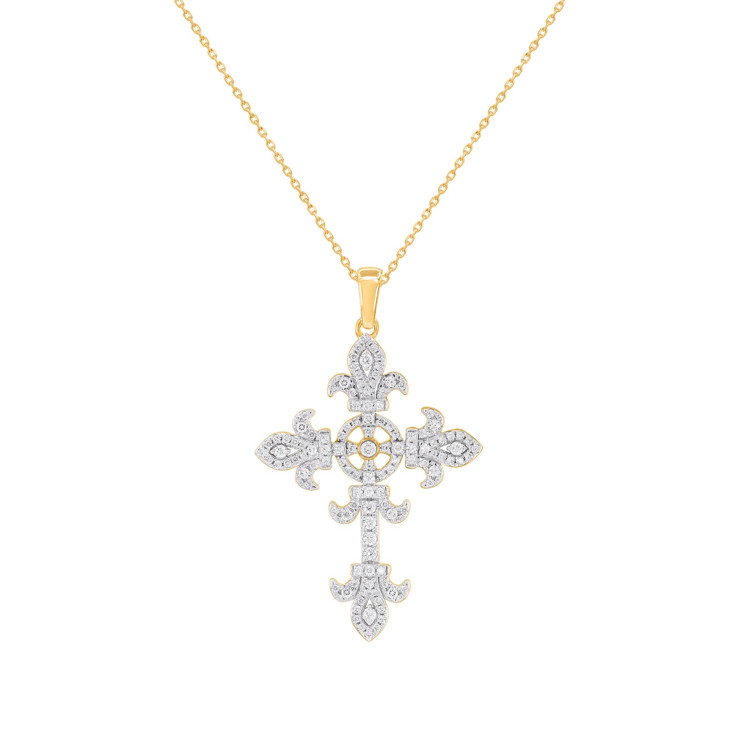 Diamond Fleur-de-Lis Cross Pendant in 14KT Yellow Gold