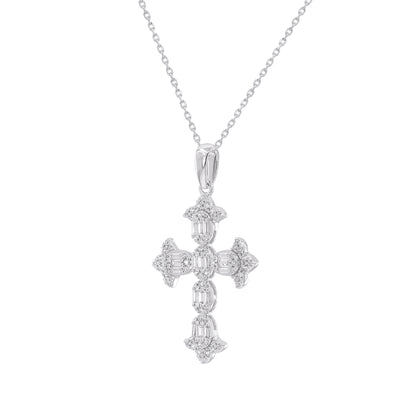 Round & Baguette Diamond Cross Pendant in 14 Karat White Gold
