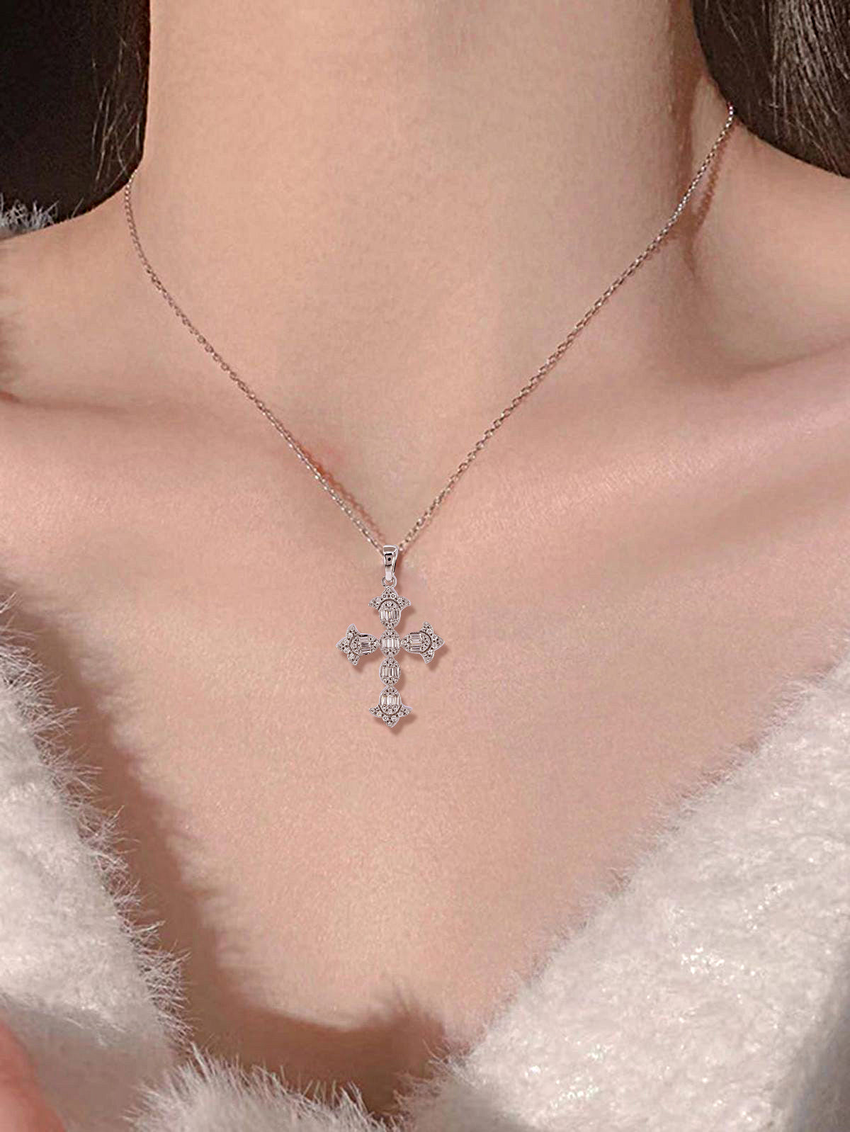 Round & Baguette Diamond Cross Pendant in 14 Karat White Gold