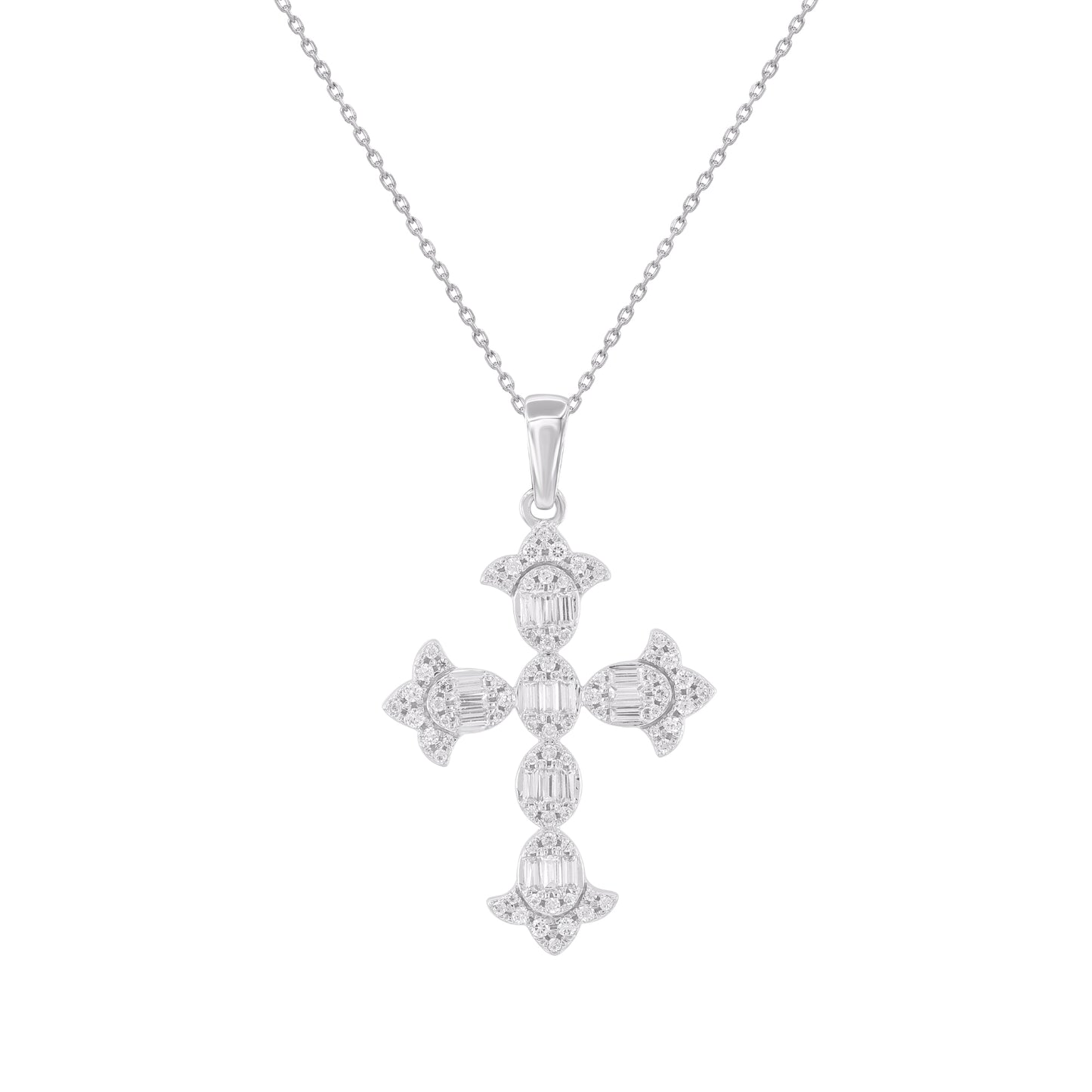 Round & Baguette Diamond Cross Pendant in 14 Karat White Gold