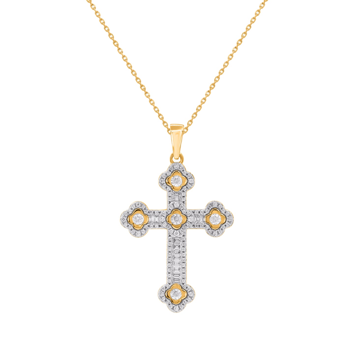 Baguette Diamond Halo Cross Pendant in 14Kt Yellow Gold