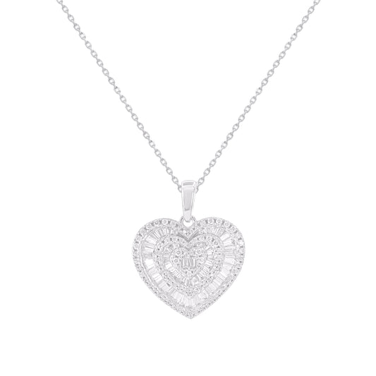 Round & Baguette Diamond Heart Pendant in 14KT Gold