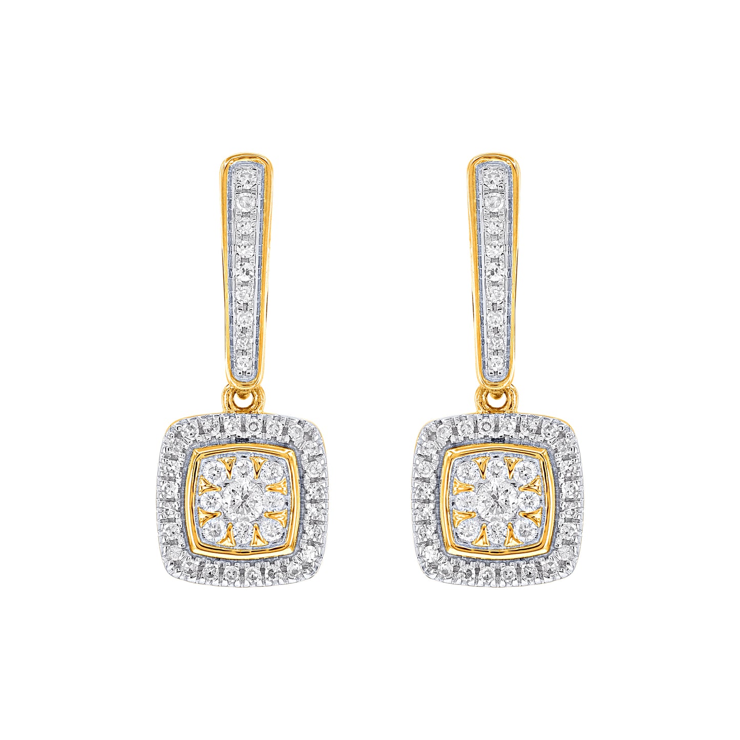 0.25 Carat Round Diamond 10KT Yellow Gold Halo Cluster Drop Earrings